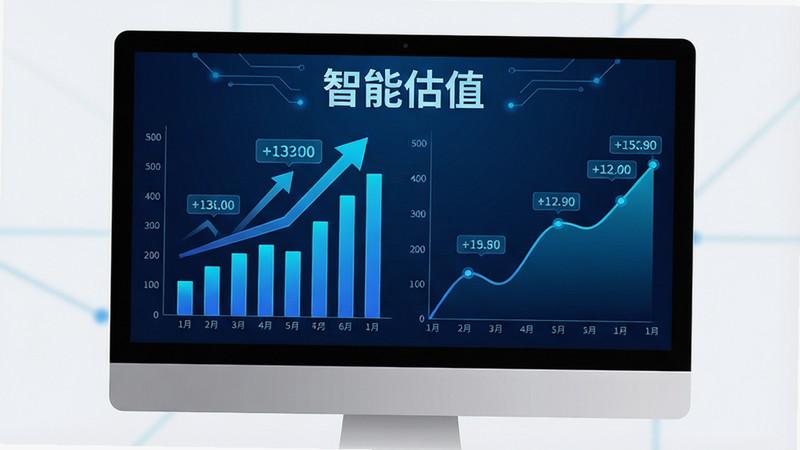 主体为电脑屏幕上的数据可视化图表,布局为左侧柱状图右侧趋势线,风格为科技蓝配色,细节包含上升的箭头与实时价格标签,画质超清,干净背景,文字“智能估值”居中显示