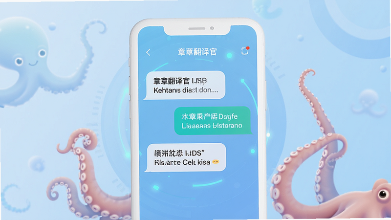 一张展示章鱼翻译官APP主界面的高清概念图,画面中央为简洁的白色手机屏幕,显示着中文与英文实时互译的对话气泡,背景为柔和的浅蓝色渐变,点缀着抽象的章鱼触手元素以呼应品牌名,整体风格现代、科技感强,文字清晰无模糊,高保真渲染
