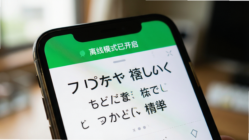 手机离线状态下的翻译界面特写,屏幕上方显示“离线模式已开启”的绿色提示条,中间展示日文与中文的对照翻译结果,背景虚化处理,突出屏幕内容的清晰度,色彩鲜明,细节丰富,真实摄影风格