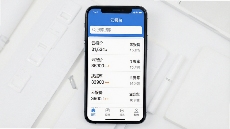 主体为智能手机屏幕,显示“云报价”应用界面,布局清晰,顶部为搜索栏,中间列表展示报价记录,底部为功能导航,风格简约商务,细节呈现数字字体清晰,画质高清,干净,无多余元素