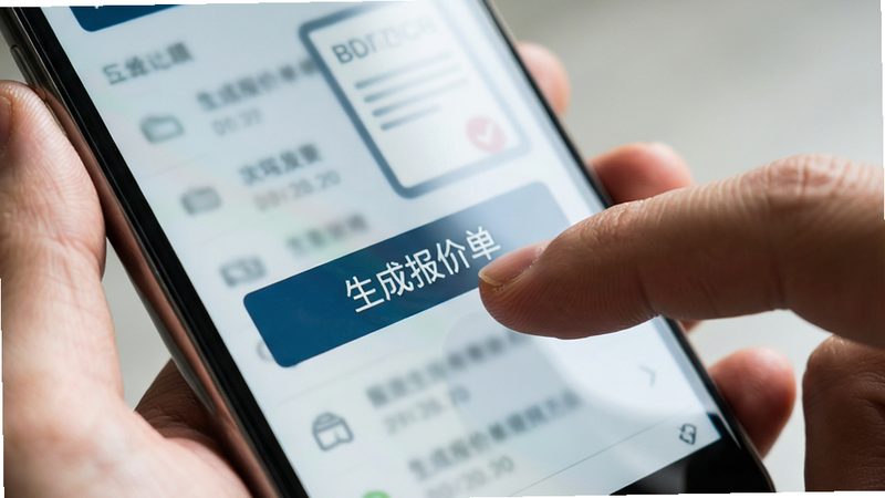 主体为手持智能手机特写,手指正在点击屏幕上的“生成报价单”按钮,布局聚焦于手部动作与屏幕核心区域,风格写实摄影,细节展现屏幕光泽与手指纹理,画质清晰,干净,无多余元素