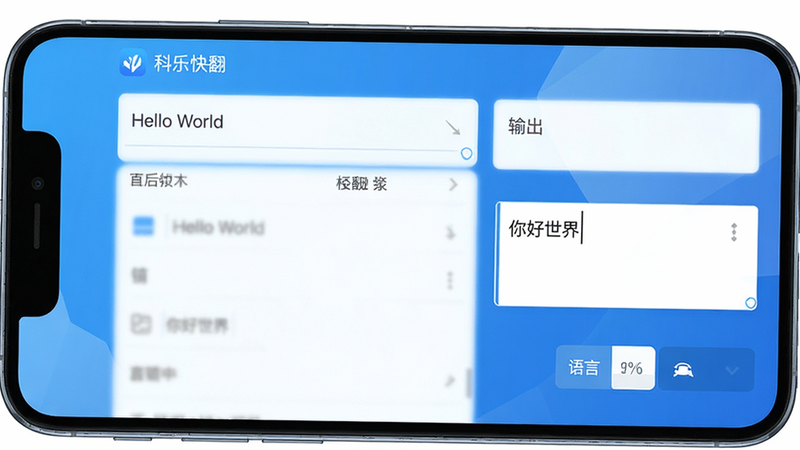 主体为科乐快翻手机APP界面全景,布局清晰展示输入框、输出框及语言切换按钮,排版简洁现代,风格扁平化科技蓝,细节包含中英文对照示例,画质高清,干净,无多余元素,文字包含