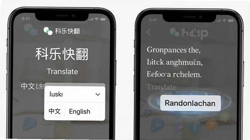 主体为科乐快翻APP的多语言翻译演示界面,布局左侧显示中文原文,右侧显示英文译文,排版对称平衡,风格清新简约,细节展示语言选择下拉菜单及实时翻译动效,画质清晰,干净,无多余元素,文字包含