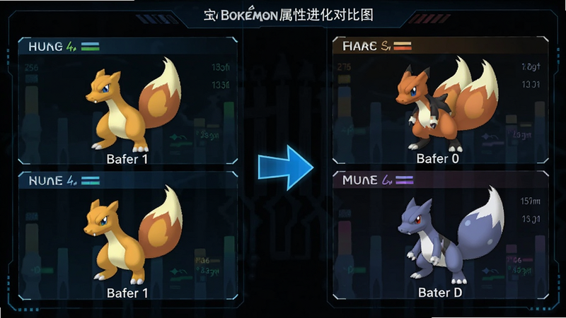 主体为宝可梦属性进化对比图,布局左右对称展示进化前后形态,中间箭头连接,排版清晰直观,风格为科技感数据面板,细节包含数值变化,画质锐利,无背景干扰