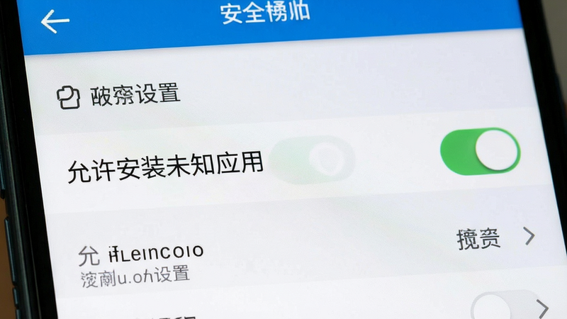 主体为手机设置界面截图,布局展示“允许安装未知应用”开关选项,排版聚焦于安全设置部分,风格为系统原生UI,细节清晰,画质清晰,无多余图标
