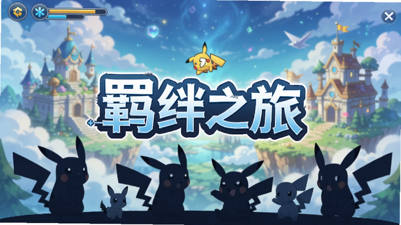 主体为《羁绊之旅》游戏主界面截图,布局居中展示游戏标题Logo,背景为梦幻般的宝可梦世界风景,包含皮卡丘等经典角色剪影,排版整洁,风格为高清二次元游戏UI设计,细节丰富,画质清晰,无多余元素