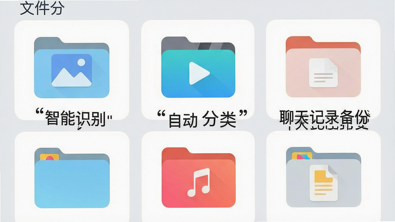 主体为APP内的文件分类界面,布局为卡片式列表,排版整齐有序,风格为扁平化设计,细节展示不同图标代表图片、视频、音频和文档的分类文件夹,背景为浅灰色,画质清晰,干净,无多余元素,文字加引号