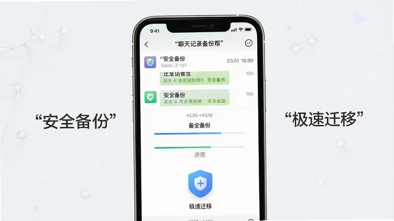 主体为聊天记录备份帮APP的手机界面展示,布局居中,排版清晰整洁,风格为现代极简科技感,细节包含手机屏幕中显示的聊天列表、备份进度条以及盾牌安全图标,画质高清,干净,无多余元素,文字加引号