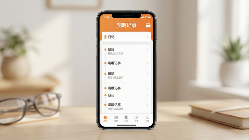 ���ؼ���APP����ȫ��չʾ������Ϊ�ֻ���Ļ������������������ʾ�����ؼ��¡����⣬�м�Ϊ�ռ��б����ײ�Ϊ������������Լ���£�ɫ����ů��ɫ�Ͱ�ɫΪ����ϸ�ھ��£����ʸ��壬�ɾ����޶���Ԫ��