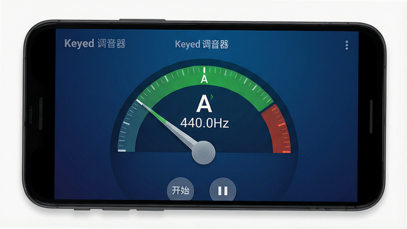 一张高清手机应用界面预览图,主体为安卓手机屏幕,显示'Keyed调音器'应用界面。布局简洁,背景为深蓝色渐变,中央有一个巨大的半圆形指针表盘,指针指向绿色区域,显示音名'A'和频率'440.0Hz'。底部有简单的开始/停止按钮。风格现代扁平化,细节处有微妙的光影效果,画质4k,干净无多余元素,文字清晰可见。