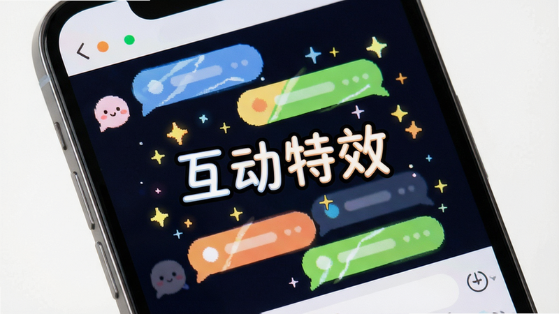 主体为手机屏幕界面,展示聊天窗口中的动态特效,布局清晰,排版紧凑,风格活泼可爱,细节包含彩色气泡与闪烁星光,画质高清,干净,无多余元素,文字“互动特效”