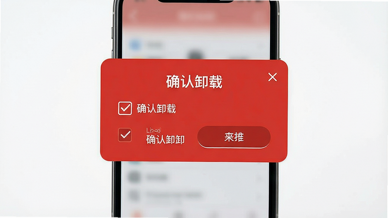 主体为手机卸载确认弹窗,布局居中,排版清晰,风格警示红色,细节包含勾选框与按钮,画质高清,干净,无多余元素,文字“确认卸载”