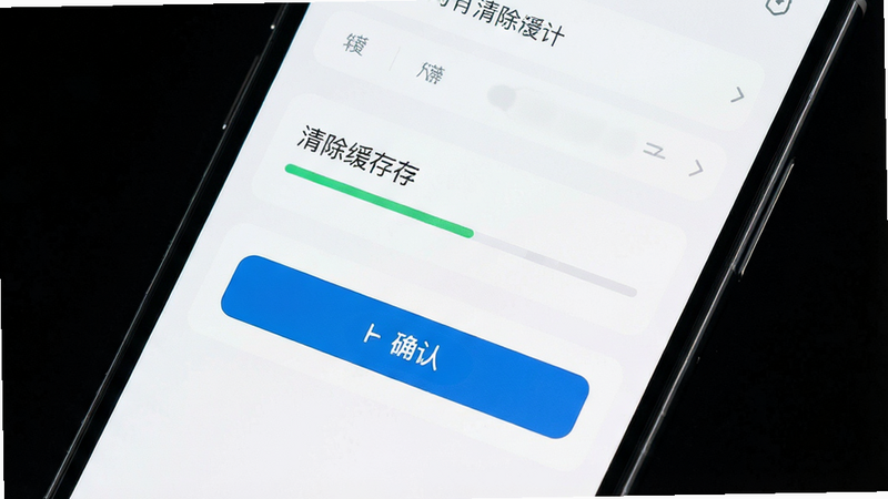 主体为手机设置界面,展示缓存清理选项,布局清晰,排版整齐,风格简约科技,细节包含进度条与确认按钮,画质高清,干净,无多余元素,文字“清除缓存”