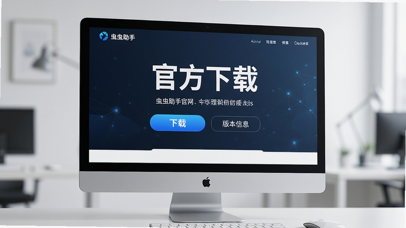 虫虫助手官网下载页面,主体为电脑屏幕,布局简洁,包含下载按钮与版本信息,风格商务科技,细节清晰,画质高清,干净,无多余元素,文字“官方下载”清晰可见