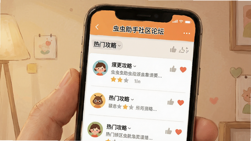 虫虫助手社区论坛页面,主体为手机屏幕,布局为帖子列表,风格温馨互动,细节包含头像与点赞图标,画质清晰,干净,无多余元素,文字“热门攻略”清晰可见