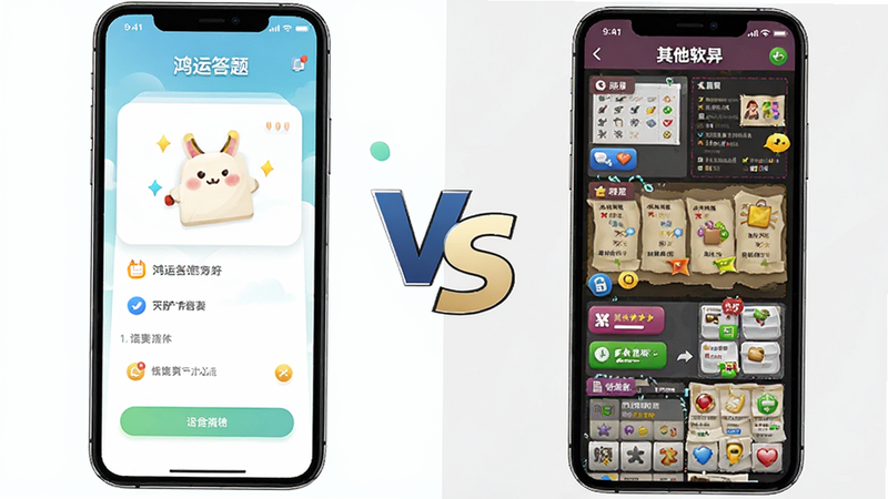 对比展示“鸿运答题”与另一款答题软件的界面截图,左侧为鸿运答题的清新界面,右侧为其他软件的复杂界面,中间有VS字样,布局对称,风格对比明显,高清,无多余元素