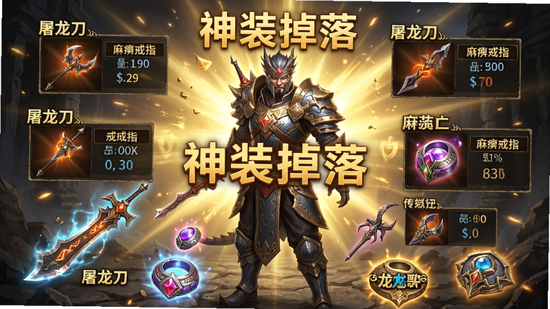 主体为《龙骑战歌》装备掉落瞬间,布局以角色为中心,周围爆发金光特效,地面散落着发光的“屠龙刀”、“麻痹戒指”等传奇标志性装备,排版突出装备属性浮窗,风格为魔幻写实,细节展示装备纹理与光泽,画质极高,干净,无多余元素,文字“神装掉落”高亮显示