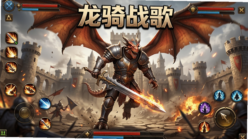 主体为《龙骑战歌》游戏主界面全景图,布局呈现中央巨大的龙骑英雄持剑冲锋姿态,背景是史诗感的沙巴克城堡废墟与战火特效,排版采用游戏UI风格,四周环绕着技能图标与血条,风格为3D写实渲染,细节丰富,画质超高清,干净,无多余元素,文字“龙骑战歌”居中顶部,字体刚劲有力