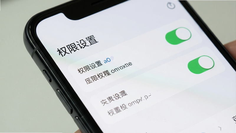 主体为手机设置界面特写,显示应用权限管理页面,布局清晰,排版标准,风格简洁,细节展示权限开关状态,画质清晰,无多余图标,文字标注