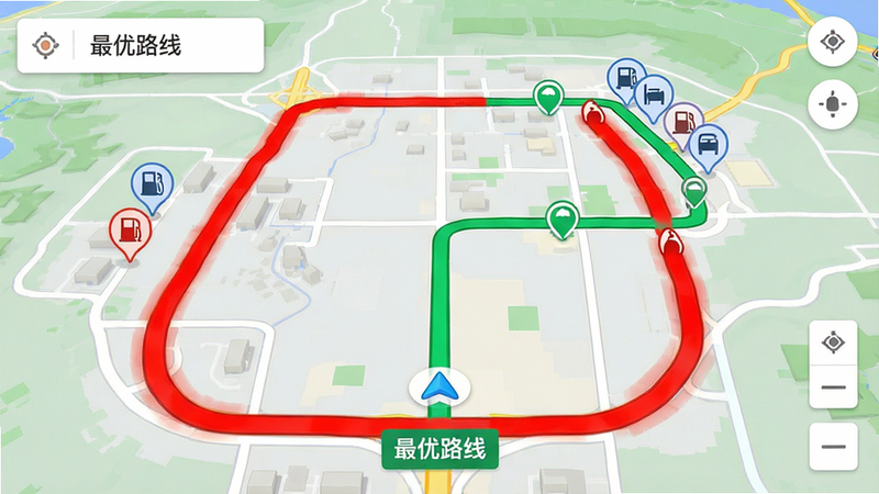地图界面截图,显示绿色导航路线,避开红色拥堵区域,地图上有加油站与休息站图标,界面简洁清晰,文字标注