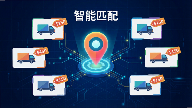抽象概念图,中心是一个发光的定位图标,周围环绕着多个带有卡车图标和价格标签的卡片,线条连接表示数据流,背景为深蓝色科技网格,文字标注