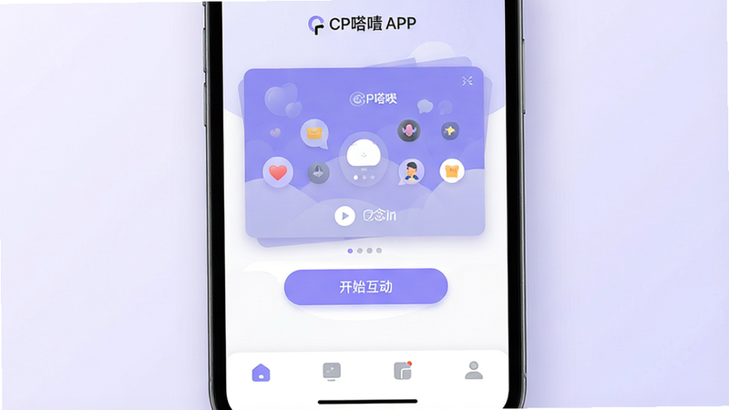 一张展示CP嗒啧APP整体界面的高清预览图,主体为手机屏幕显示APP主界面,布局清晰,包含底部导航栏和中心互动区域,排版简洁现代,风格为扁平化设计,细节处有柔和的阴影效果,画质高清,干净,无多余元素,背景为淡紫色渐变,文字包含
