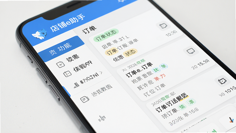主体为手机屏幕特写,显示“店铺e助手”APP界面,布局清晰,左侧为功能导航栏,右侧为订单列表,排版整齐,风格为扁平化商务设计,细节展示订单状态标签,画质高清,干净无多余元素