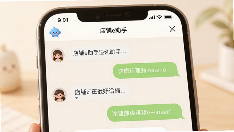主体为聊天对话框界面,显示“店铺e助手”APP内的客服对话,布局上下结构,排版清晰,风格温馨友好,细节展示快捷短语气泡,画质柔和,干净无干扰