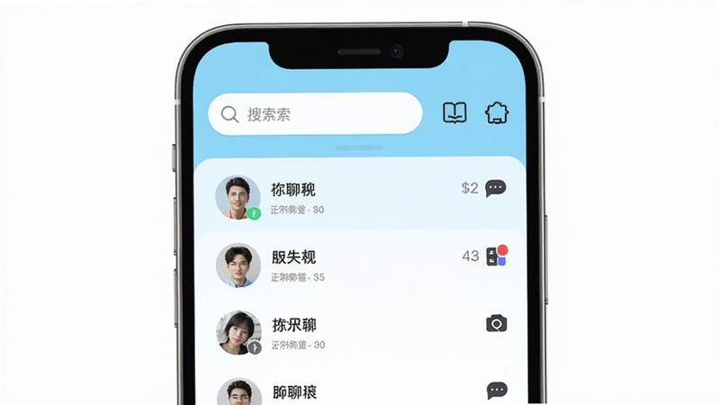 一张展示江聊APP界面的高清预览图,主体为手机屏幕,界面背景为清新的浅蓝色,中央显示聊天列表,包含头像、昵称和未读消息角标,顶部有搜索栏和功能入口,整体风格现代简约,扁平化设计,无多余装饰,文字清晰可见,4k高清画质,干净背景,无水印
