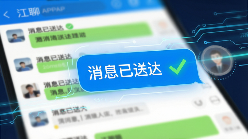 江聊APP界面截图,展示消息发送过程,气泡框内显示文字“消息已送达”,绿色对勾标记,背景为模糊的聊天列表,突出速度感,科技感线条装饰,蓝色与白色为主色调,细节丰富,8k分辨率,清晰锐利,无杂乱元素