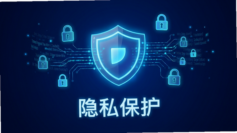 江聊APP隐私设置界面,盾牌图标高亮显示,周围环绕着锁形符号和数据流线条,象征安全保护,深蓝色背景,霓虹光效,体现科技感与安全感,文字“隐私保护”清晰居中,高清细节,无噪点,简洁布局
