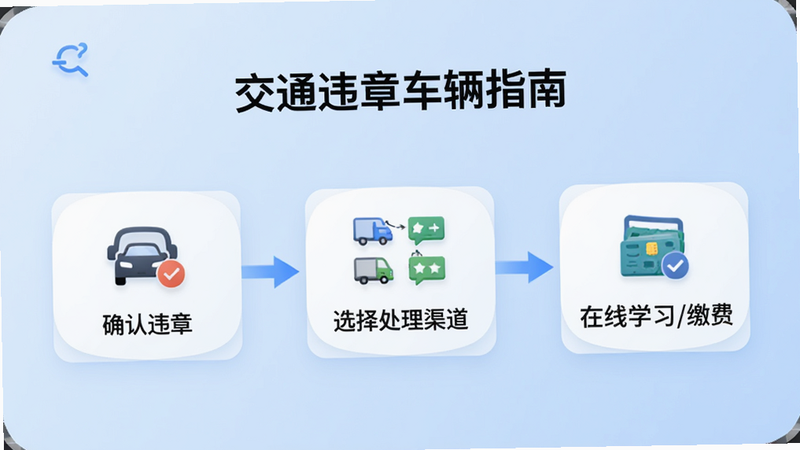 流程图风格的手机界面,展示“交通违章车辆指南”的处理步骤,第一步“确认违章”,第二步“选择处理渠道”,第三步“在线学习/缴费”,箭头连接清晰,每个节点配有小图标,界面背景为淡蓝色渐变,风格现代简洁,强调步骤的连贯性与清晰度,高清画质,无多余文字干扰