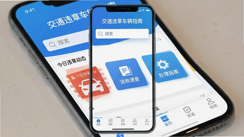 一张高清手机屏幕截图,显示“交通违章车辆指南”APP的主界面,界面设计简洁现代,主色调为科技蓝与白色,顶部有醒目的搜索栏,中间区域展示“今日违章动态”、“法规速查”、“处理指南”三个核心功能入口,底部有导航栏,整体布局清晰,无多余装饰,4k画质,扁平化设计风格,干净无杂物