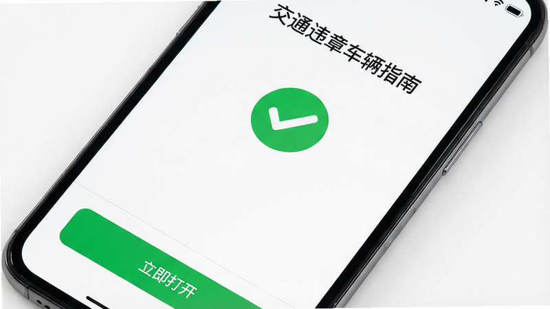 手机屏幕显示“交通违章车辆指南”的安装完成界面,绿色对勾标志,下方有“立即打开”按钮,背景为简洁的白色,界面清晰明了,传达成功安装的信息,现代UI设计,高清画质,无多余元素