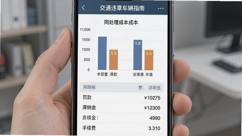 手机界面显示“交通违章车辆指南”的费用分析模块,柱状图展示不同处理方式的成本对比,下方有详细的费用明细列表,包括罚款、滞纳金、手续费等,数字清晰醒目,界面设计专业严谨,配色稳重,强调数据的准确性与透明度,高清渲染,无广告弹窗,干净利落
