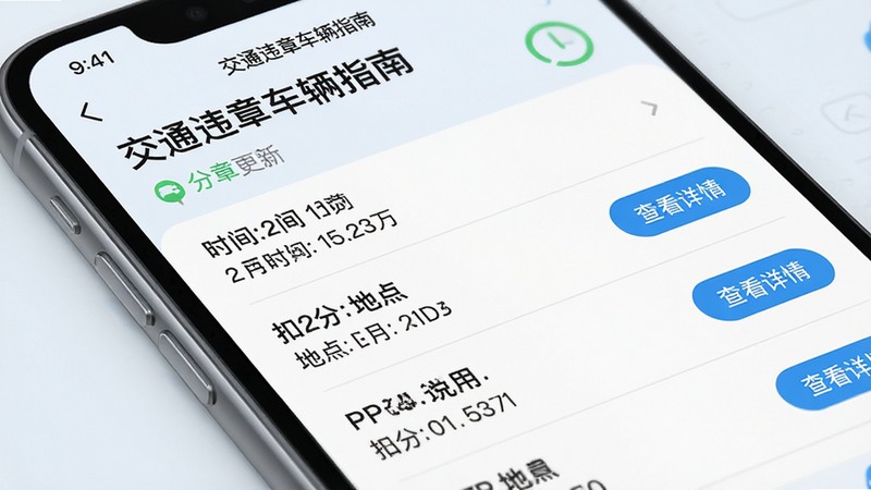 手机界面特写,显示“交通违章车辆指南”APP的违章查询结果页面,列表清晰显示违章时间、地点、扣分情况,右侧有“查看详情”按钮,背景为浅色,文字清晰易读,突出实时数据更新的状态,现代UI设计,细节精致,无广告干扰,高清渲染