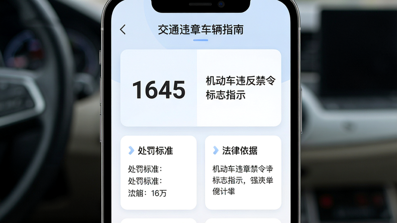 手机屏幕展示“交通违章车辆指南”的法规解读功能,左侧显示违章代码“1645”,右侧显示详细解释“机动车违反禁令标志指示”,下方有“处罚标准”和“法律依据”两个卡片,界面逻辑清晰,配色柔和,强调专业性与易读性,扁平化风格,高清细节,无杂乱元素