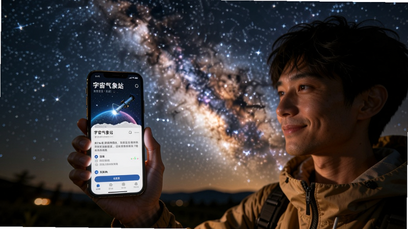 主体为一位用户站在户外星空下,手持手机展示