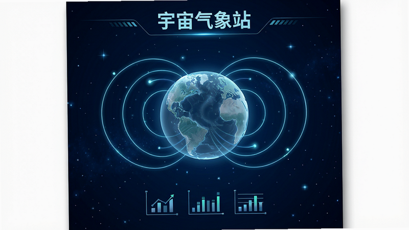 主体为深蓝色太空背景,中央悬浮着一个半透明的全息地球模型,地球周围环绕着发光的磁力线轨迹,顶部显示标题文字