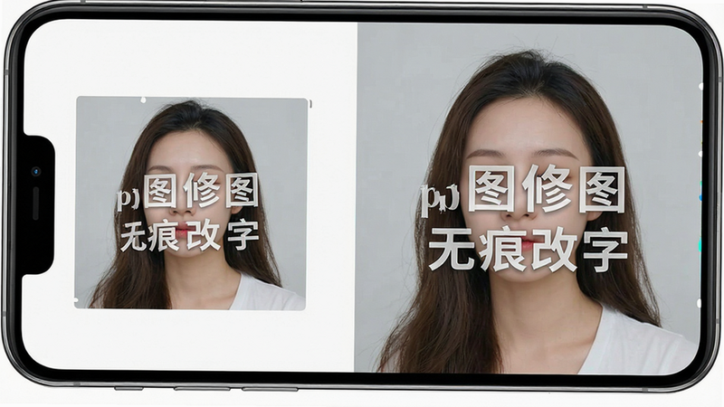 一张高清手机界面截图,主体为p图修图无痕改字APP的主操作界面,布局清晰,左侧显示原图缩略图,右侧显示处理后的效果图,排版简洁现代,风格科技感强,细节丰富,画质4k,干净无多余元素,文字包含