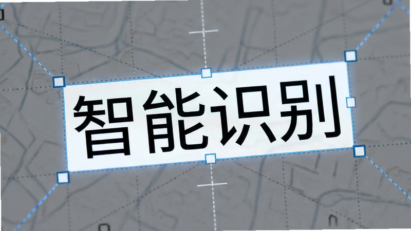 展示AI文字识别功能的特写,画面中央是一个被高亮选中的中文文本框,周围有细微的网格线表示识别边界,布局聚焦,排版紧凑,风格极简主义,细节清晰,画质高清,干净无杂乱背景,文字包含