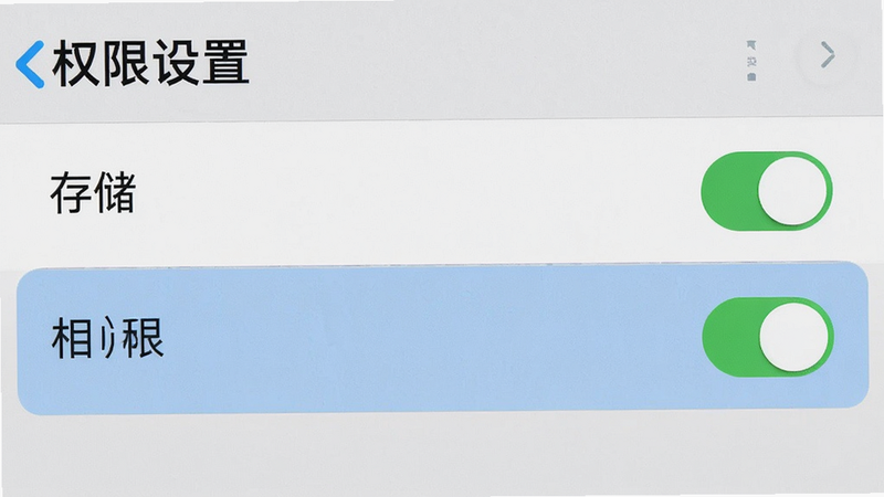 手机设置界面截图,显示应用权限管理页面,高亮显示存储和相机权限开关,布局清晰,排版规范,风格系统UI,细节真实,画质清晰,干净无干扰,文字包含