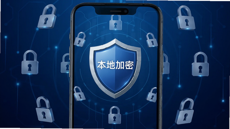 一个盾牌图标位于手机屏幕中央,周围环绕着锁形图案,背景为深蓝色渐变,布局中心对称,排版庄重,风格安全科技风,细节体现保护感,画质高清,干净无多余装饰,文字包含