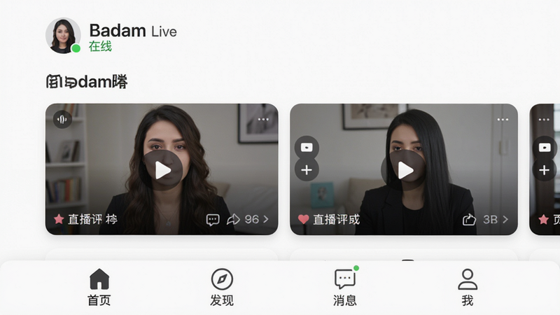 主体为 Badam Live 应用的主界面截图,布局清晰,顶部显示用户头像与在线状态,中间区域展示正在进行的直播流或视频卡片,底部为功能导航栏包含“首页”、“发现”、“消息”、“我”四个图标,风格现代简约,采用白色背景搭配深灰色文字,细节处体现高清画质,无多余装饰元素,干净利落