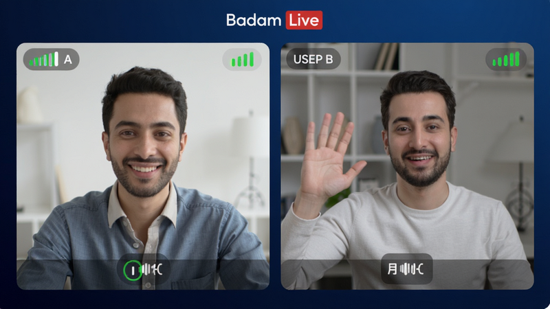 展示 Badam Live 视频通话界面的示意图,主体为两个并排的视频窗口,左侧窗口显示用户 A 正在微笑,右侧窗口显示用户 B 正在挥手,布局对称,风格科技感强,背景为深蓝色渐变,细节处强调信号满格图标与低延迟标识,画质清晰,无噪点
