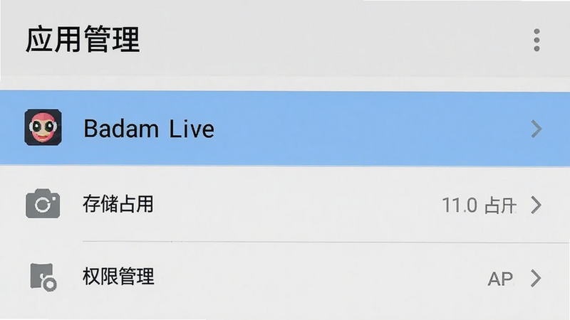 手机设置界面截图,主体为“应用管理”列表,高亮显示 Badam Live 选项,布局清晰,风格扁平化,细节处展示“存储占用”与“权限管理”入口,背景为浅灰色,画质清晰,无多余图标