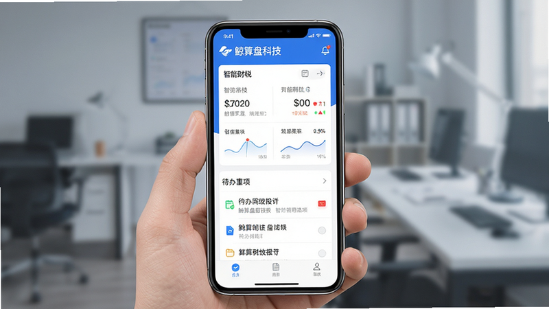 生成一张鲸算盘科技APP的主界面预览图,主体为手机屏幕,显示着清晰的财务数据仪表盘和待办事项列表,布局整洁现代,采用蓝白配色,风格简约商务,细节包含图标和文字标签,画质高清,干净无多余元素,文字内容为