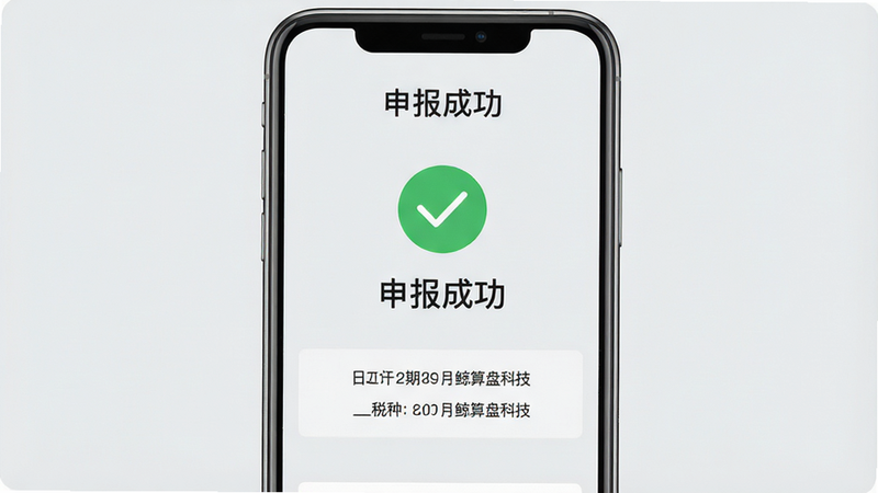 生成一张税务申报成功后的界面截图,主体为手机屏幕中央显示一个绿色的对勾图标和