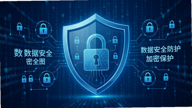 生成一张数据安全防护的概念图,主体为盾牌图标包裹着数据锁,背景为数字流,布局中心突出,风格科技蓝,细节显示加密算法符号,画质高清,干净,文字内容为