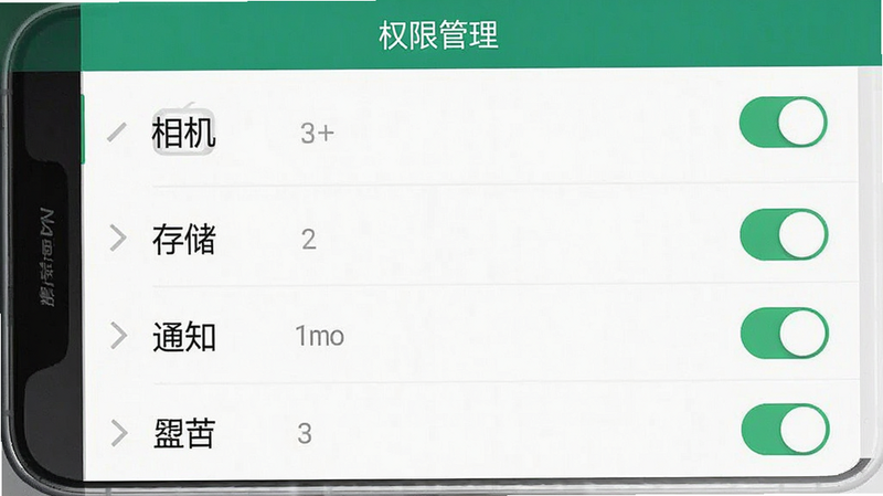 生成一张手机设置界面截图,展示应用权限管理页面,主体为权限列表,包括相机、存储、通知等开关,布局垂直排列,风格扁平化,细节显示已授权的绿色对勾,画质清晰,干净,文字内容为